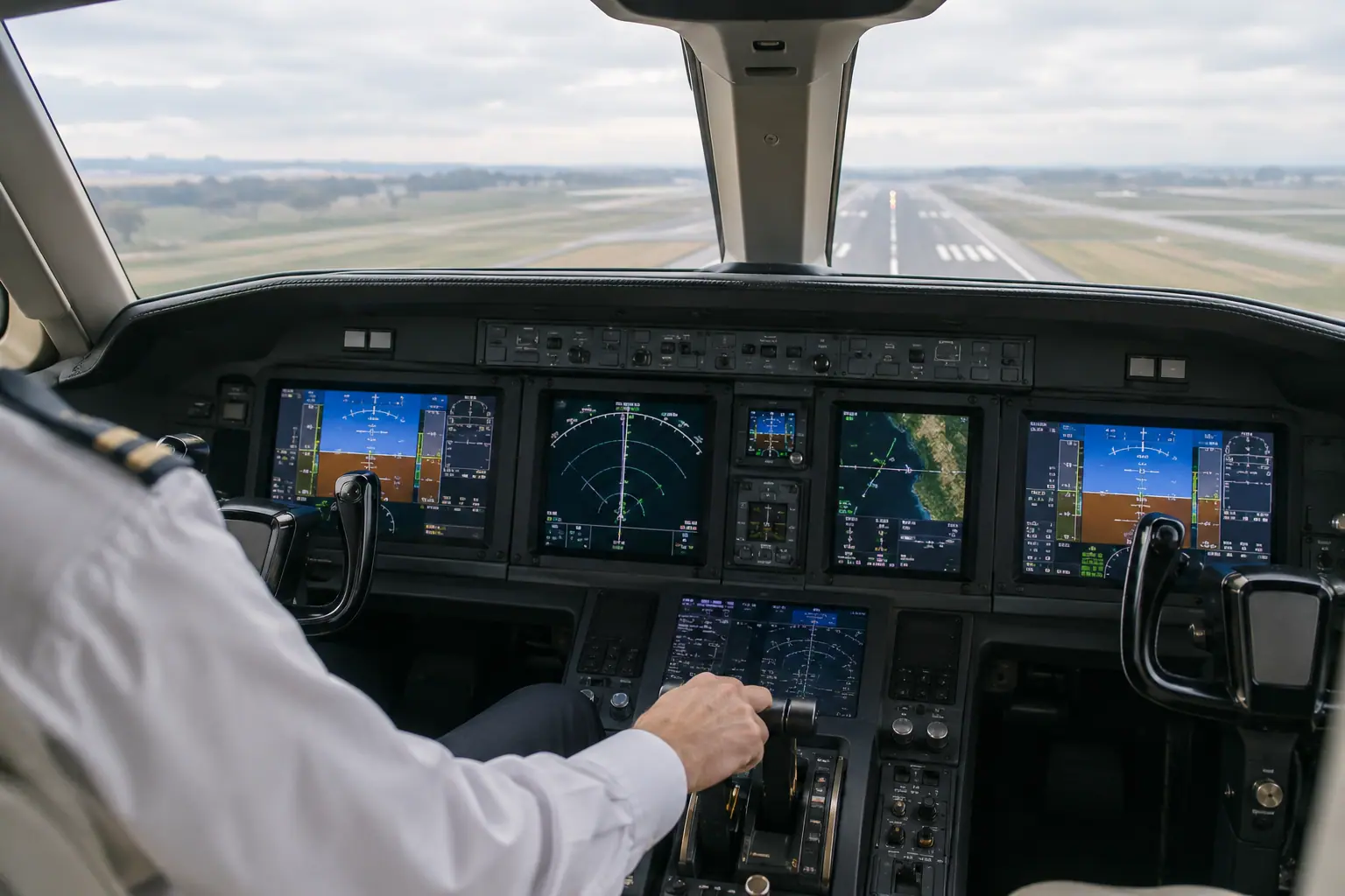 Business jet cockpit before departure